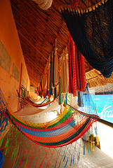 Colorful hammocks hung in a row,rope hammocks, patio hammocks.