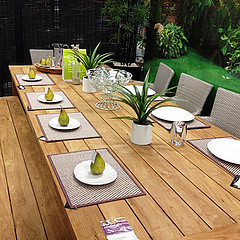 Outdoor Teak Furniture, teak dining table with placemats and plates with fruit on them.