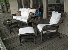 Outdoor Wooden Furniture, outdoor resin wicker couch and chair with coffee table on porch.