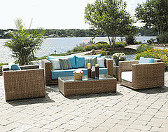 Outdoor Wicker Furniture,All Weather Wicker Furniture, wicker furniture set with coffee table in front of Lake.