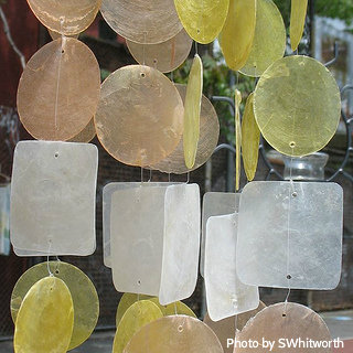Yellow, white, translucent brown capiz wind chimes hung with nylon string,seashell wind chimes,capiz circle wind chime,rainbow capiz, shell rainbow, patio decor windchimes.