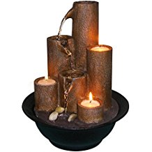 Tiered tabletop fountain with three candles in a bowl with cascading water flowing through bamboo tubes with black basin and pump, tabletop fountain with River stones, tea candles, Amazon fountains, resin tabletop fountain, rustic character tabletop fountain.