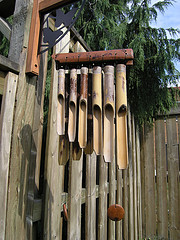 Bamboo music chimes hung on fence,Wooden wind chimes, bamboo wind chimes.