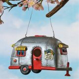 Small Camper birdhouse airstream trailer hanging from tree, unique birdhouses, decorative garden birdhouses.