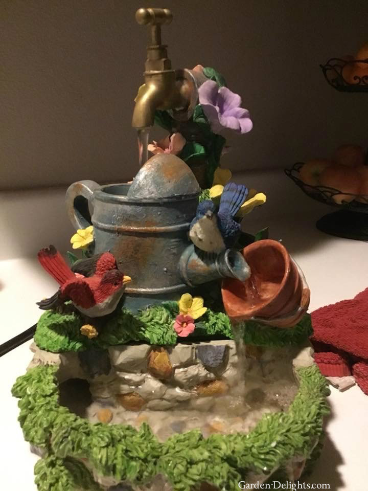 Tabletop fountain with watering can with faucet and two birds, tabletop water fountains, indoor water fountains, desk fountains.
