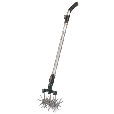 Garden Cultivator with three metal rollers and the aluminum shaft with a black curved handle, garden cultivator tiller, three-pronged garden cultivator, electric tiller.