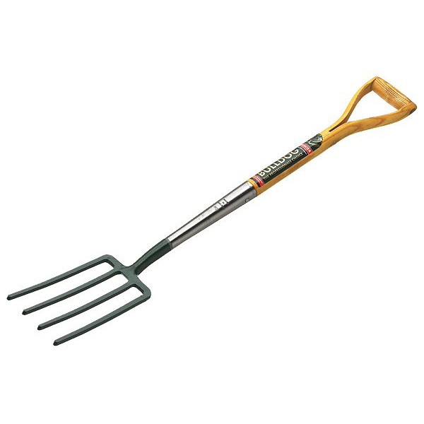 Garden fork or pitchfork with 4-Tines and a yellow handle, heavy-duty digging fork, garden and fork, gardening tools.