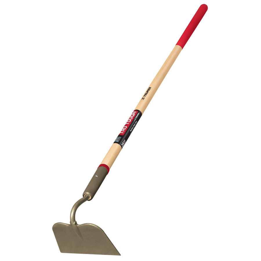 Garden hoe with long wooden handle with light gray blade and red handle grip, garden hoe types, wide yard hoe, where to buy a garden hoe.