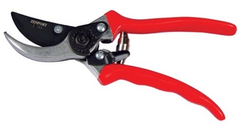 Pruning Shears with a half moon shaped blade and red grip handles, pruning shears uses, electric pruning shears, best tree pruning shears.