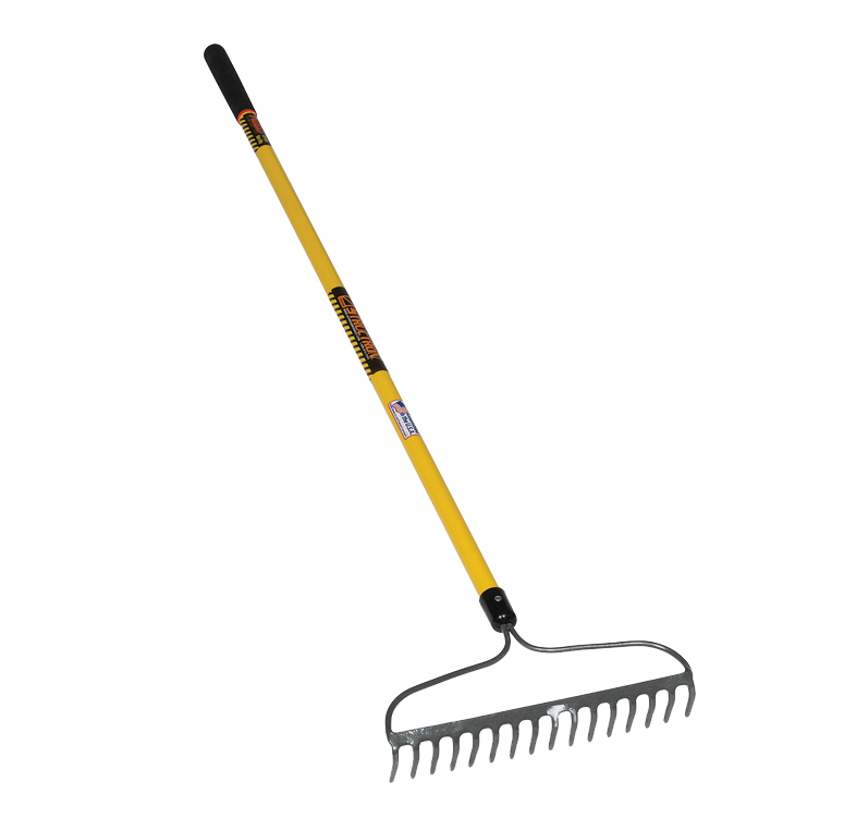 Garden rake with metal teeth and yellow fiberglass shaft with a black handle, gardening tools, small garden rake, hand rake, lawn rake.