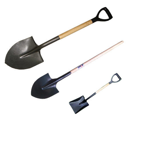 Three garden shovels one with a D handle one with a straight wooden shaft and a smaller snow shovel, shovel types, digging shovel, snow shovels.
