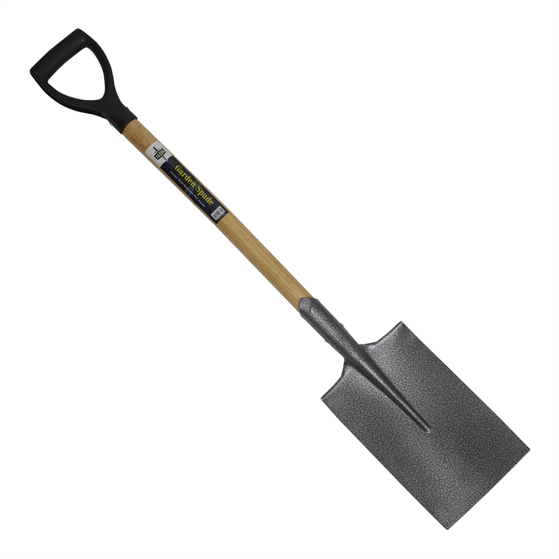 Gardening spade or shovel with square flat blade with wooden shaft and black D handle, spade shaped, uses of garden spade.