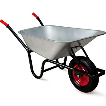Garden wheelbarrow with aluminum bucket with red handles, garden wheelbarrow carts, heavy-duty wheelbarrow.