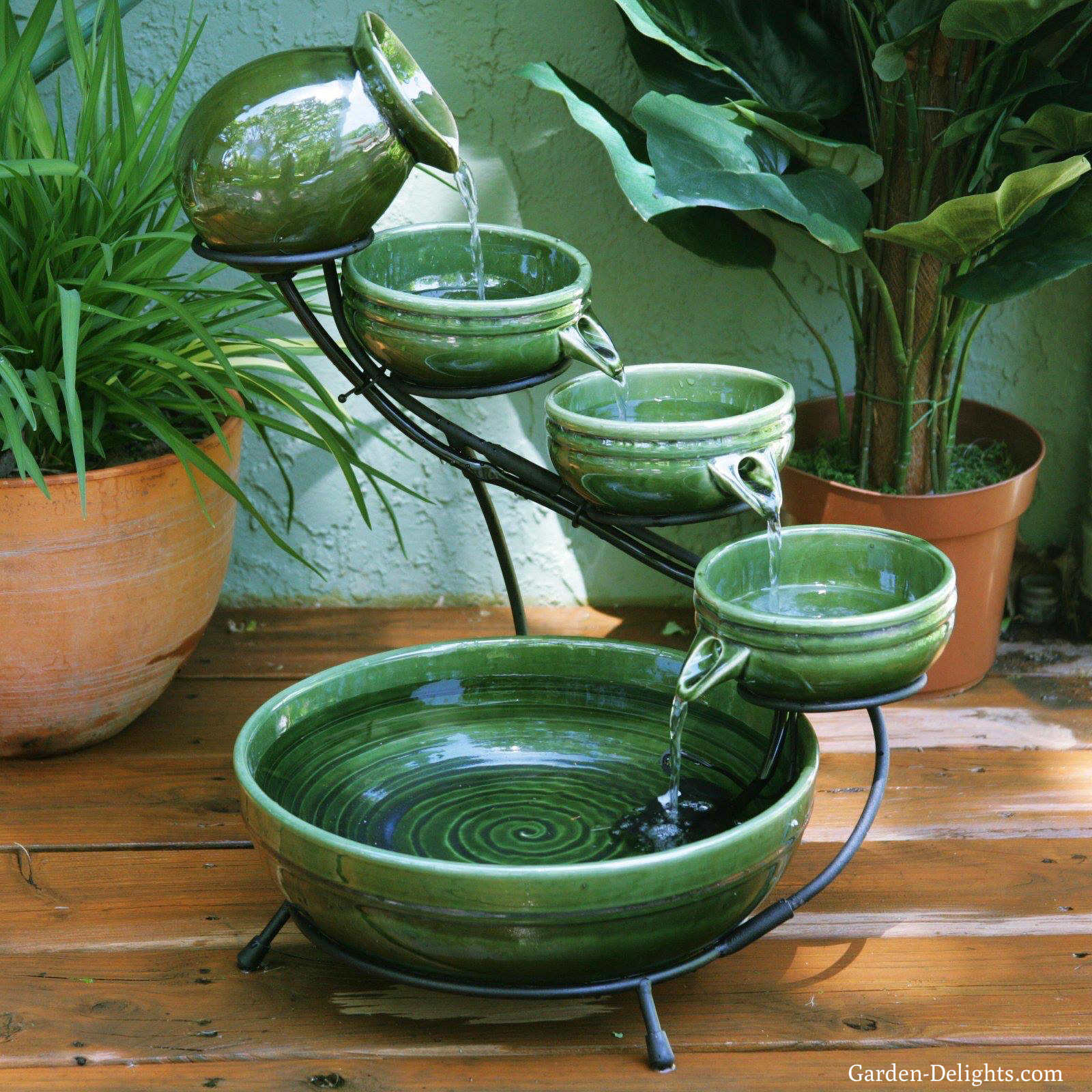 4 tier Emerald green fountain with water flowing from one water bowl to the next, small indoor water fountains, tabletop ceramic glass fountains, beautiful sounding water fountain.
