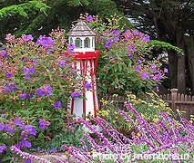 Large white wooden lighthouse with red railings around top beacon with shingle roof, solar powered lighthouses, Amish lighthouses.