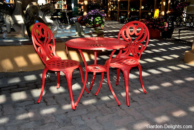 Red small three piece classic style wrought iron furniture, garden bench, garden chaise, a patio rocker chair, patio lounge chair, wrought iron patio furniture cleaning.