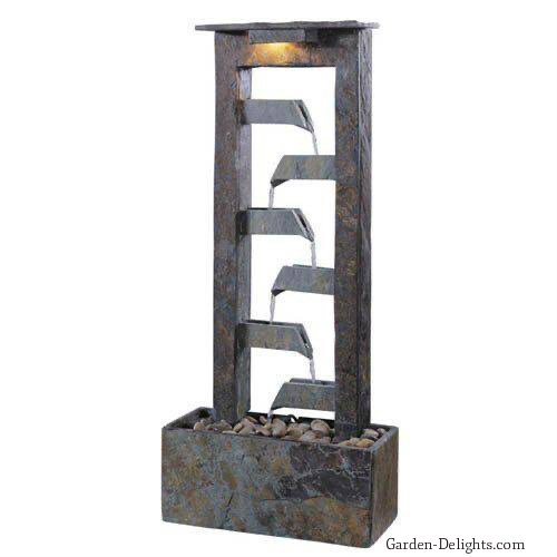 Tabletop standing wall fountain with rock features in the bottom and water pouring from one level to another with decorative light on top, indoor water fountains, lighted tabletop fountain.