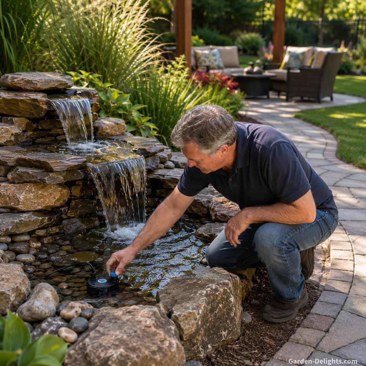 Backyard cascading stone fountain being adjusted by hand beside a curved pathway with ornamental grasses, patio seating, open lawn and protected pump access