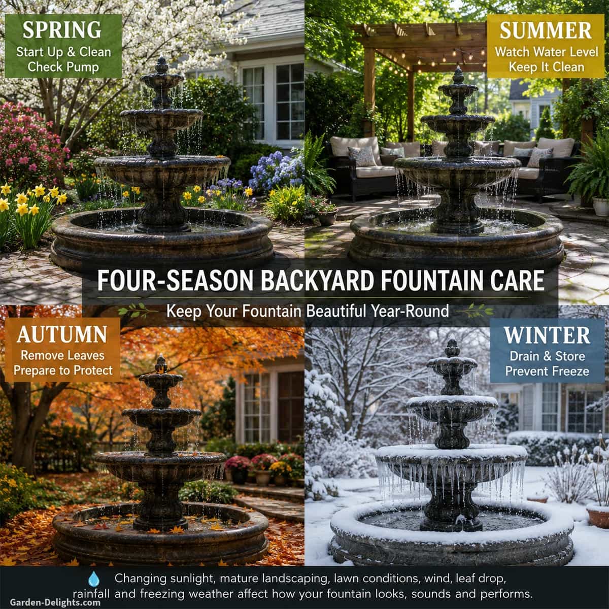 Four-season residential backyard showing the same classic stone water fountain surrounded by spring flowers, summer pergola seating, autumn leaves and a snow-covered winter lawn