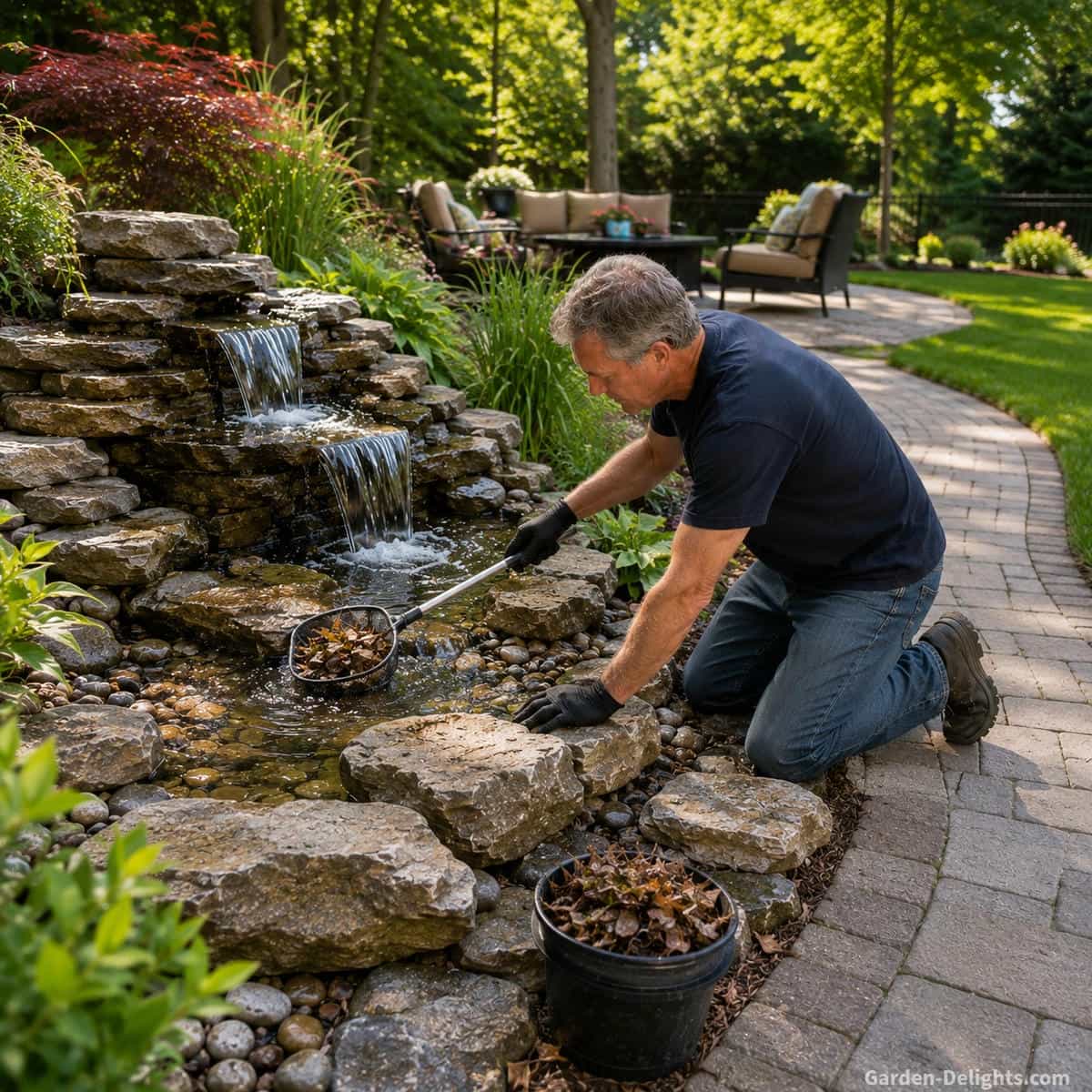 Backyard stone fountain being cleaned of leaves, pollen and grass clippings beside an open lawn, curved garden path, mature trees and accessible pump compartment
