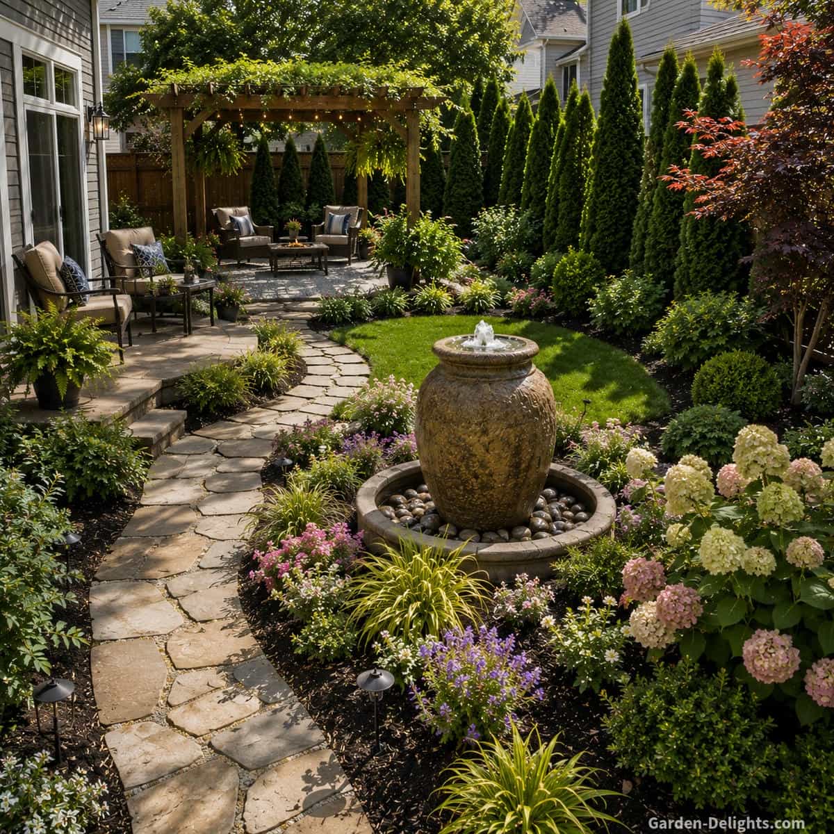 Elegant bubbling stone urn fountain connecting a residential patio, open lawn and curved garden path with low flowering plants, ornamental grasses, layered shrubs and evergreen privacy planting