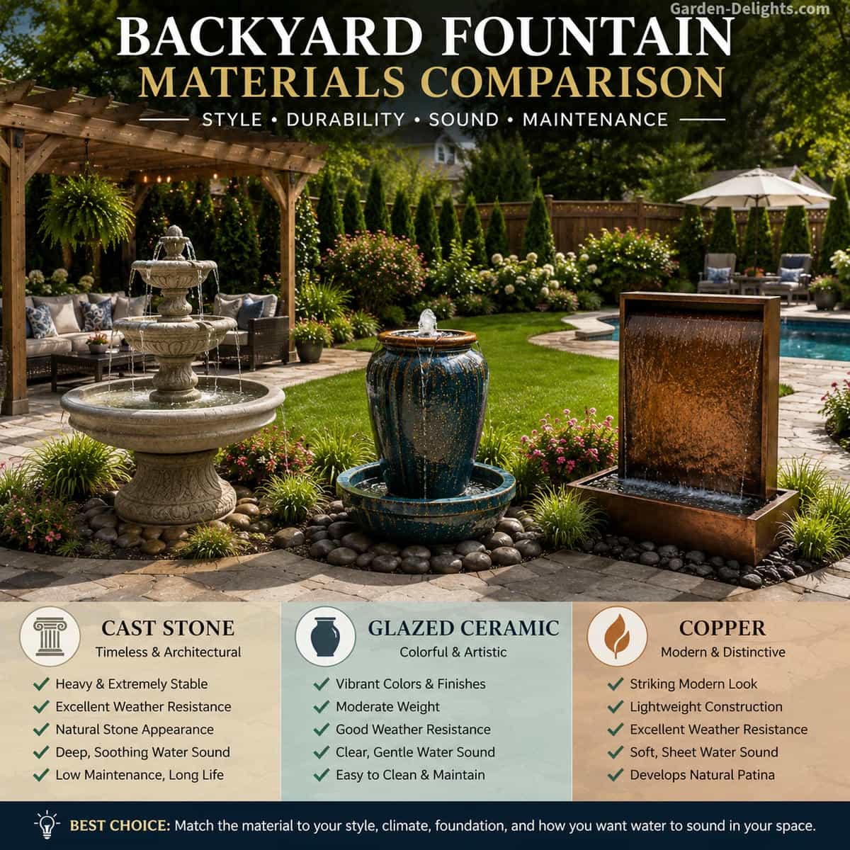 Residential backyard comparing a traditional cast stone fountain, colourful glazed ceramic urn and modern copper water wall across a patio, open lawn, poolside area and layered privacy landscaping