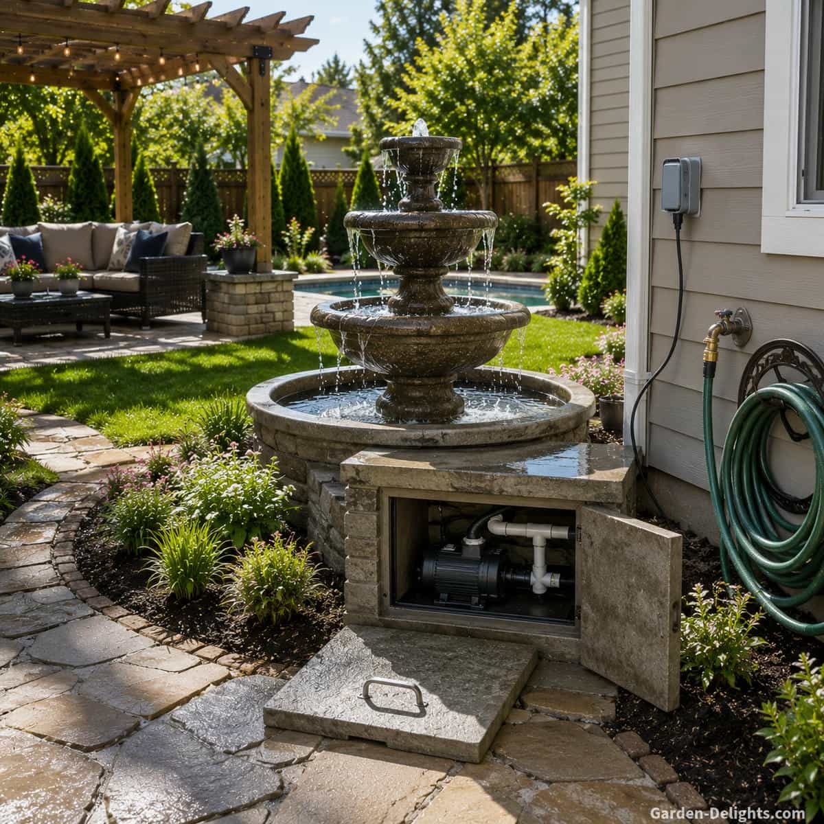 Backyard water fountain with concealed outdoor electrical supply, accessible pump compartment and open maintenance path beside a lawn, pergola, layered shrubs and nearby exterior water connection