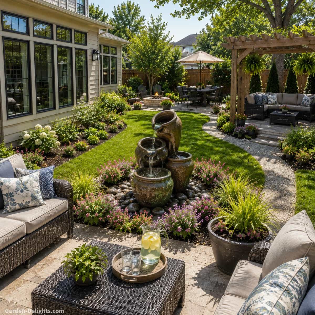 Elegant backyard water fountain visible from a stone patio, pergola seating, curved garden path, open lawn and large house windows with clear routes to a fire pit and outdoor dining area