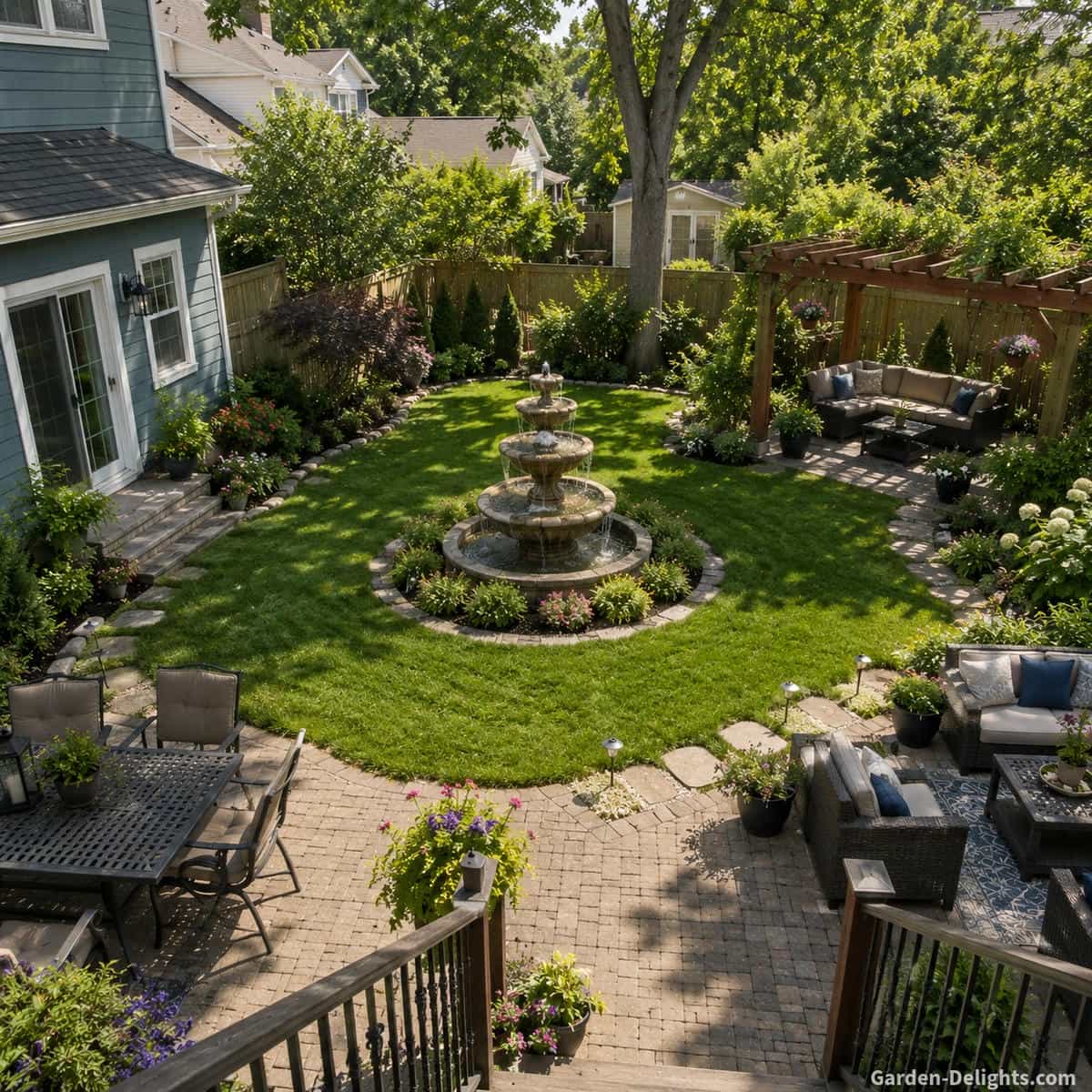 Proportionate three-tier backyard fountain centred beyond a stone patio with open lawn, pergola seating, mature shade trees, layered borders and unobstructed views from the house