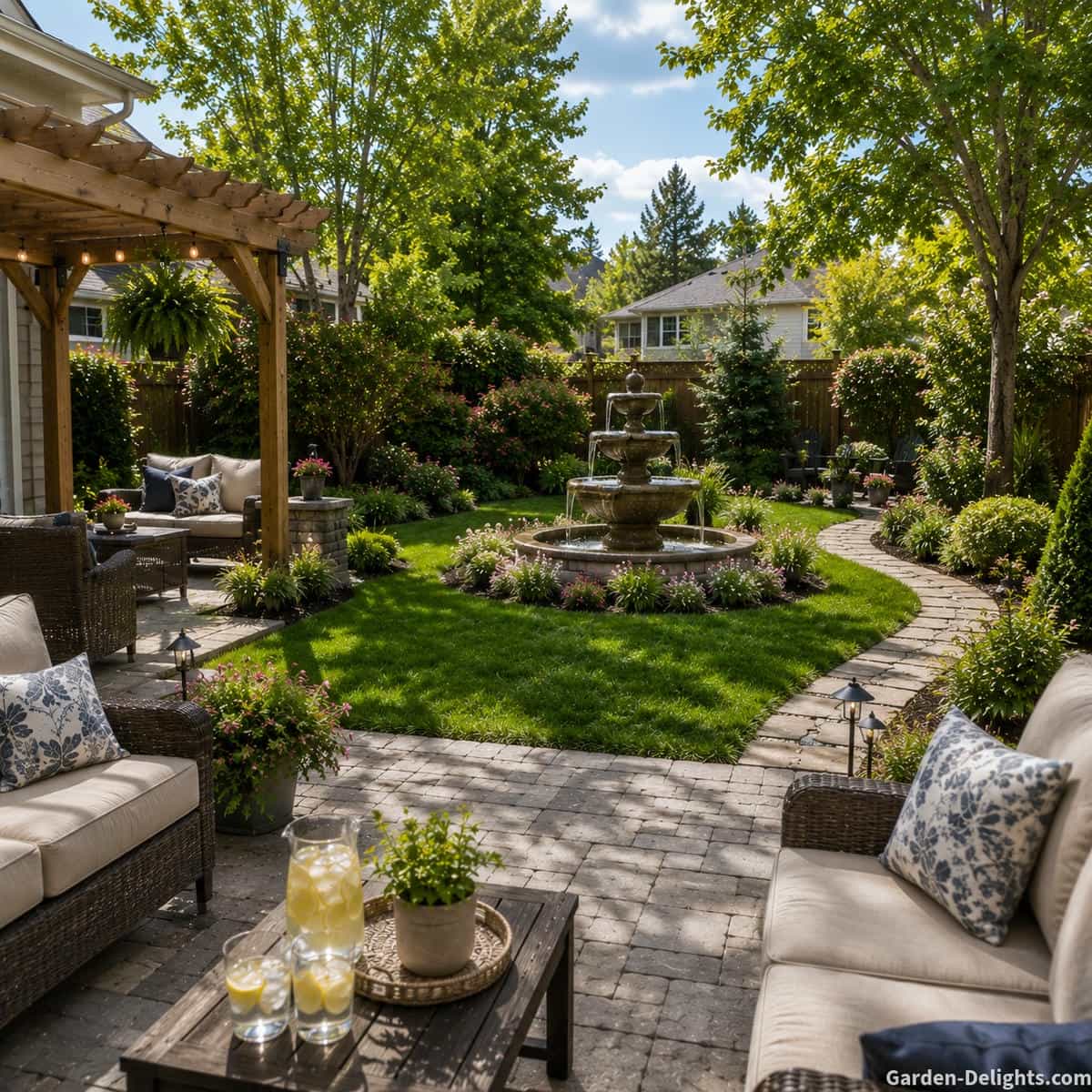 Proportionate three-tier backyard water fountain centred beyond a stone patio with pergola seating, open lawn, curved path, mature trees, layered landscaping and clear views from the house