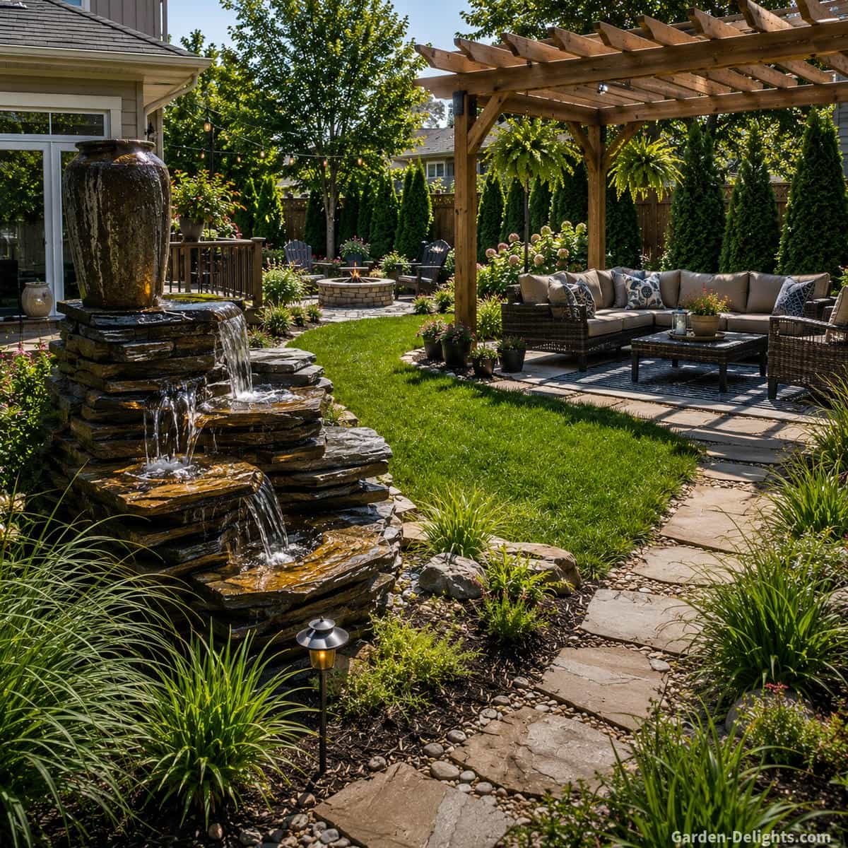 Layered stone backyard water fountain cascading beside a wood pergola with comfortable seating, open lawn, curved pathway, ornamental grasses and evergreen privacy landscaping