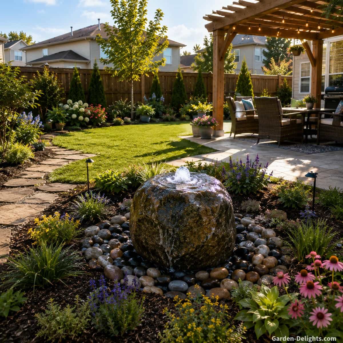 Natural bubbling rock backyard water fountain beside a patio, pergola, lawn and garden landscaping showing a rustic fountain style that blends with outdoor living spaces