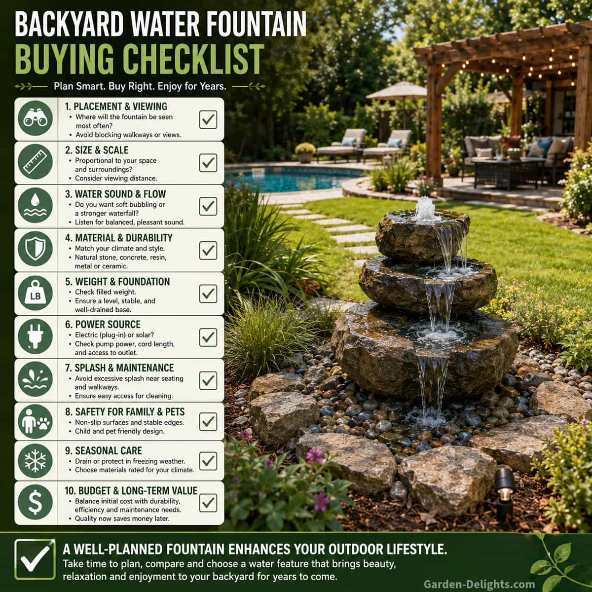 Backyard water fountain buying checklist beside a bubbling stone fountain with a lawn, pathway, pergola, poolside seating and layered privacy landscaping, covering size, sound, material, weight, power, safety, maintenance and seasonal care
