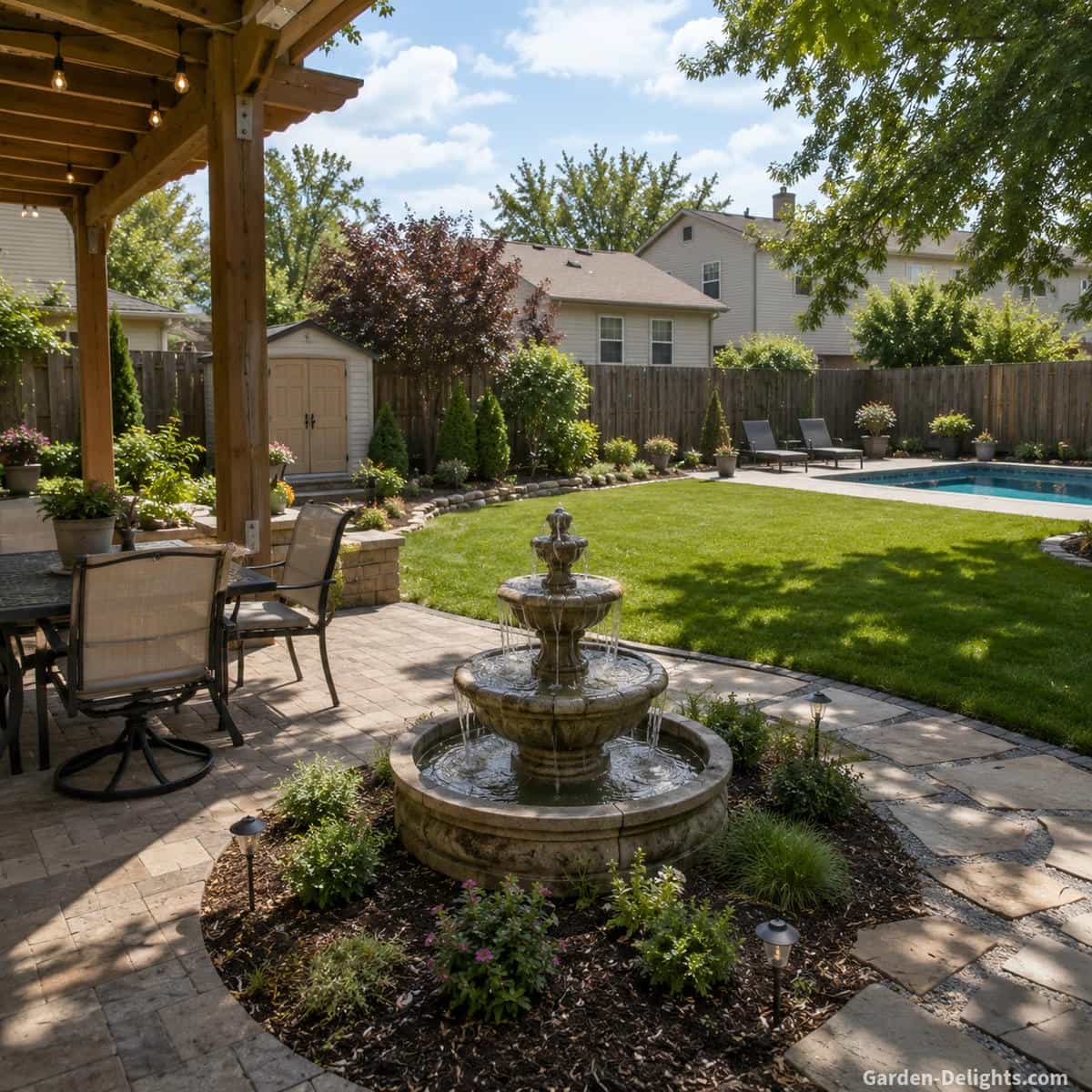Backyard water fountain beside a stone patio, pergola seating, open lawn, garden path and layered privacy landscaping showing balanced placement, clear walking routes and comfortable outdoor living