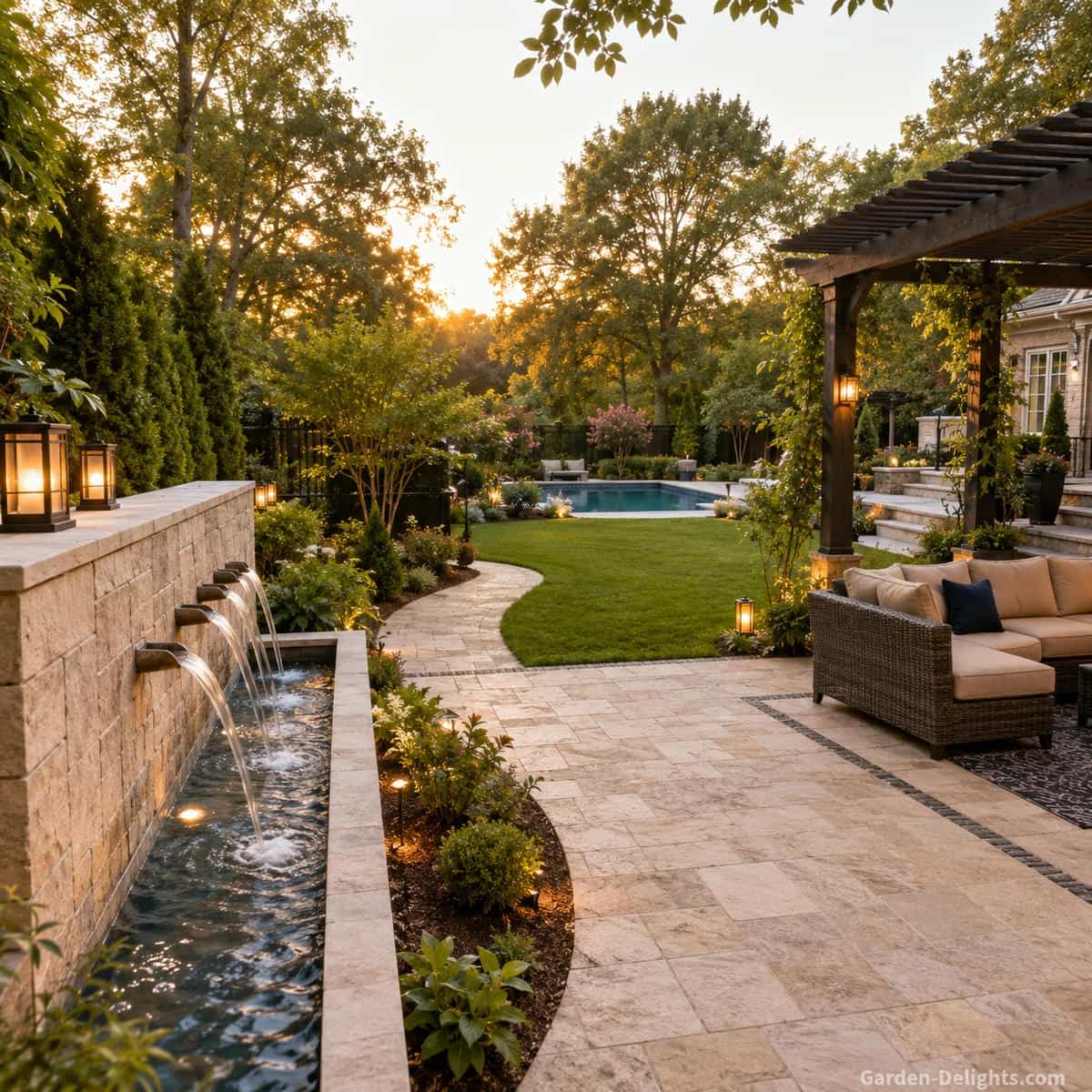 Backyard water fountain connecting a pergola seating area, stone patio, open lawn, layered privacy landscaping, garden path and distant pool within a realistic middle class property