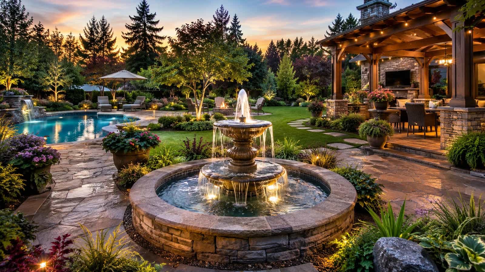 Elegant backyard water fountain creating a central focal point between a stone patio, open lawn, layered landscaping, pergola seating, pool area and private residential garden
