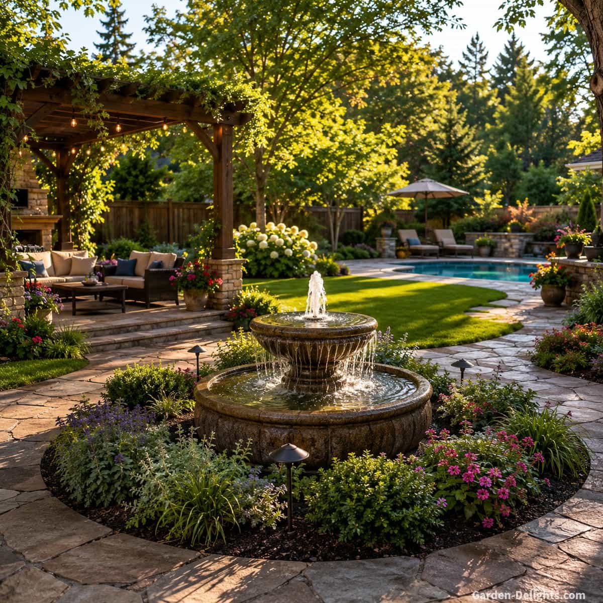 Best backyard water fountain creating a central focal point between a stone patio, open lawn, layered landscaping, pergola seating and clear paths in a comfortable residential property