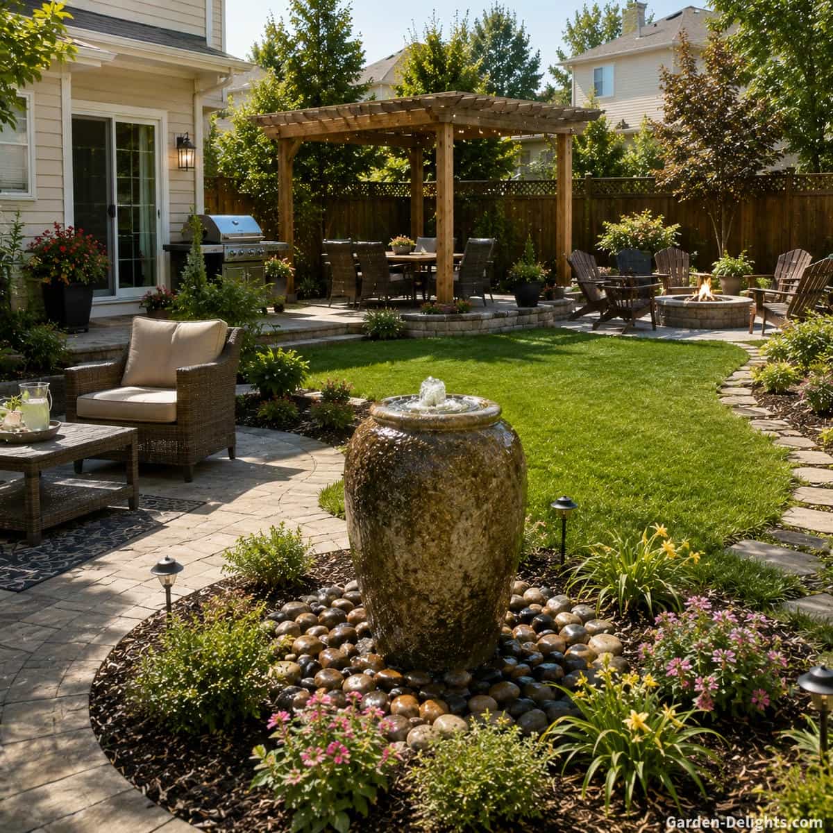 Natural stone urn backyard water fountain beside a patio, pergola, lawn, fire pit and landscaped garden showing how fountain form complements connected outdoor living spaces