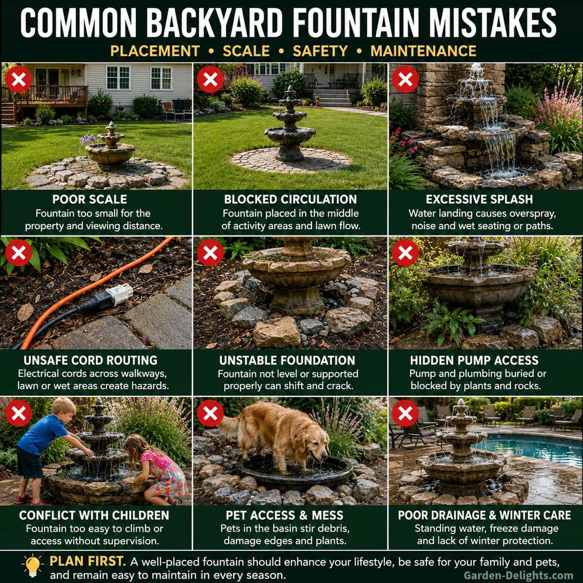 Residential backyard water fountain showing common planning mistakes including poor property scale, blocked lawn circulation, unsafe cord routing, excessive splash, unstable foundation, hidden pump access and conflict with children and pet activity