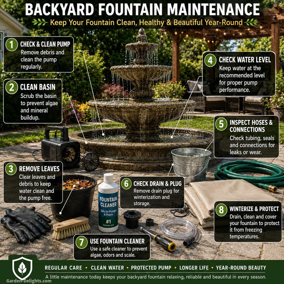 Backyard water fountain maintenance guide showing a stone fountain surrounded by a pump, cleaning brush, fountain cleaner, garden hose, bucket, replacement tubing, drain plug and seasonal maintenance tools with labeled callouts