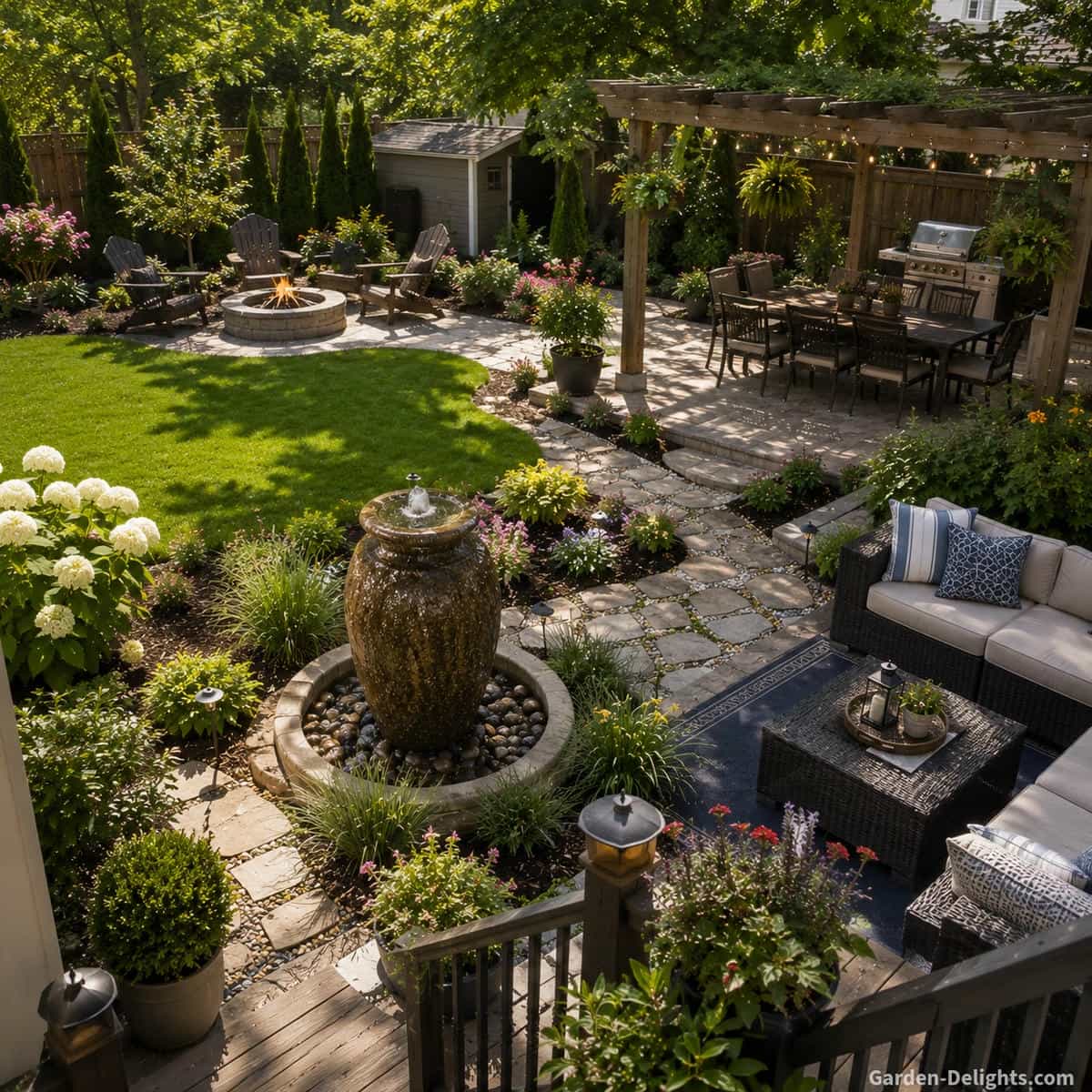 Natural urn backyard water fountain connecting a patio, pergola, fire pit, lawn, garden pathways and future landscape areas with clear maintenance access and balanced outdoor living