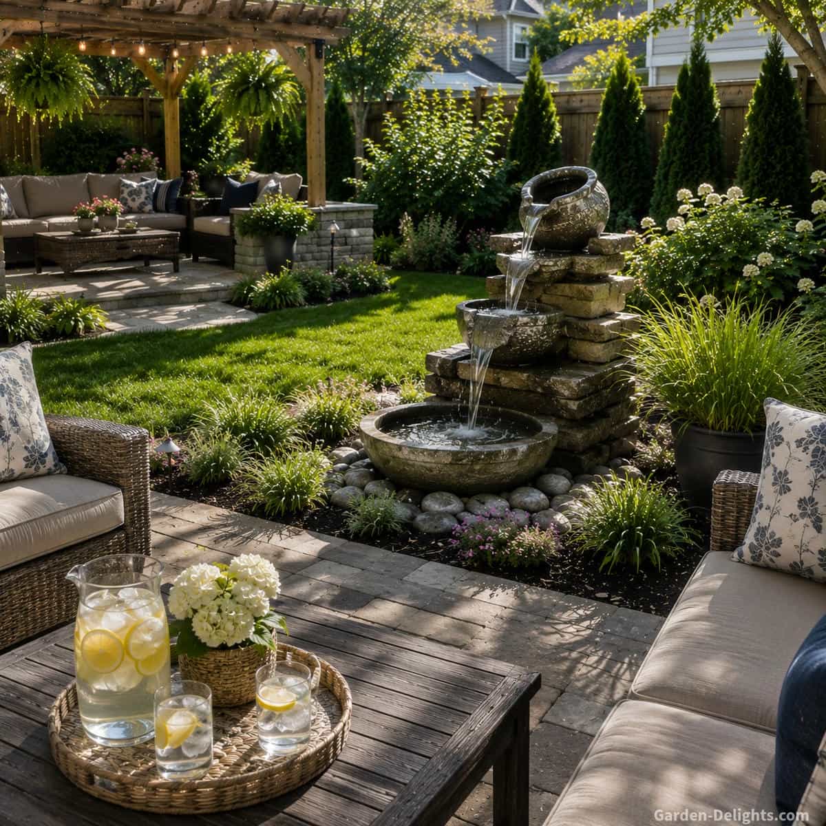 Natural stone backyard fountain between a paved patio and open lawn with upholstered seating, wood fencing, layered shrubs, ornamental grasses and evergreen privacy landscaping
