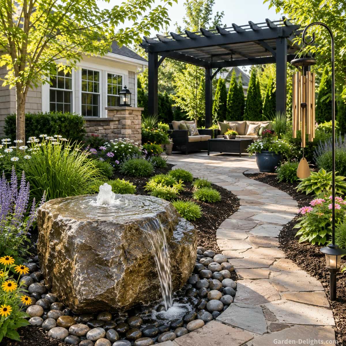 Natural bubbling rock water fountain in a beautifully landscaped backyard with a curved stone pathway, black pergola, brass wind chimes, colorful perennial flowers and comfortable patio seating creating a relaxing outdoor living space with gentle water sounds.