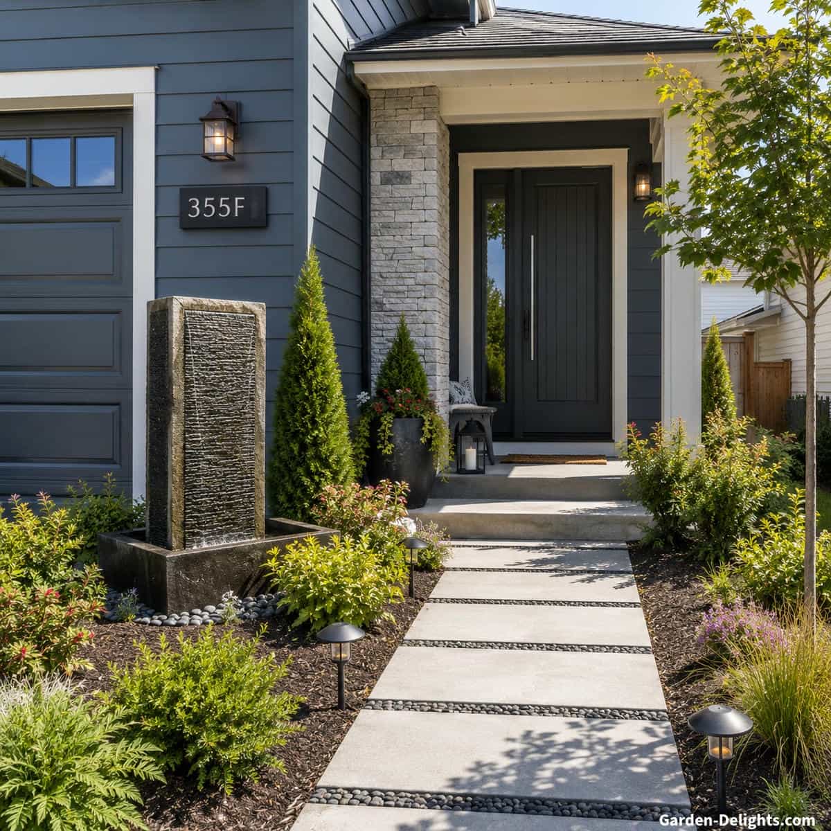 Modern front entry wall fountain beside a dark blue contemporary home with landscaped garden beds, decorative stone water feature, front walkway, outdoor lighting, ornamental shrubs and elegant curb appeal showing one of the best water fountain locations for a home's entrance.