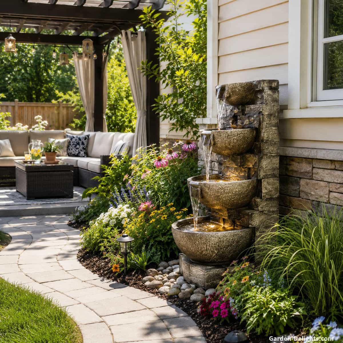 Best value stacked stone bowl water fountain beside a covered backyard patio with pergola seating, colorful flower beds, a curved stone pathway and river rock edging, showing how an affordable outdoor fountain creates relaxing water sound, beautiful landscaping and everyday garden living.