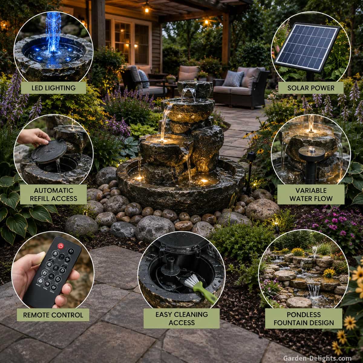 Best water fountain features showing LED lighting, solar panel, automatic refill access, variable water flow, remote control, easy cleaning design and pondless fountain placement in a modern backyard garden