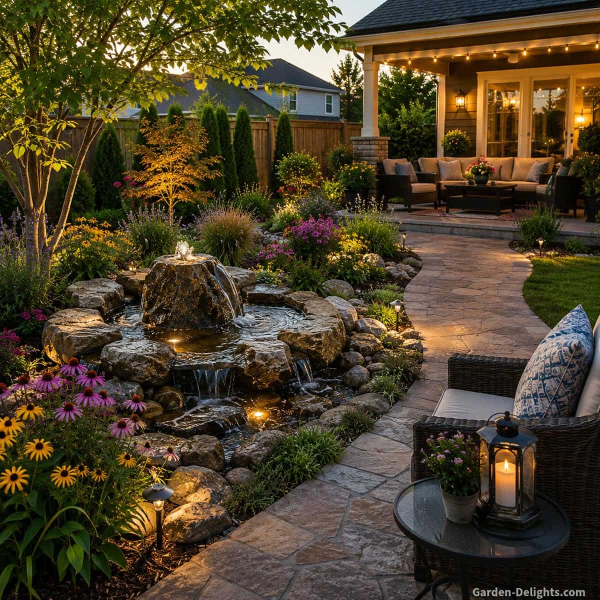 Beautiful bubbling rock water fountain in a peaceful backyard patio retreat with gentle flowing water, natural stone edging, flowering perennials, ornamental grasses, curved garden pathway, comfortable seating and soft outdoor light showing the best water fountain choice for sound, placement, maintenance, wildlife value and everyday relaxation