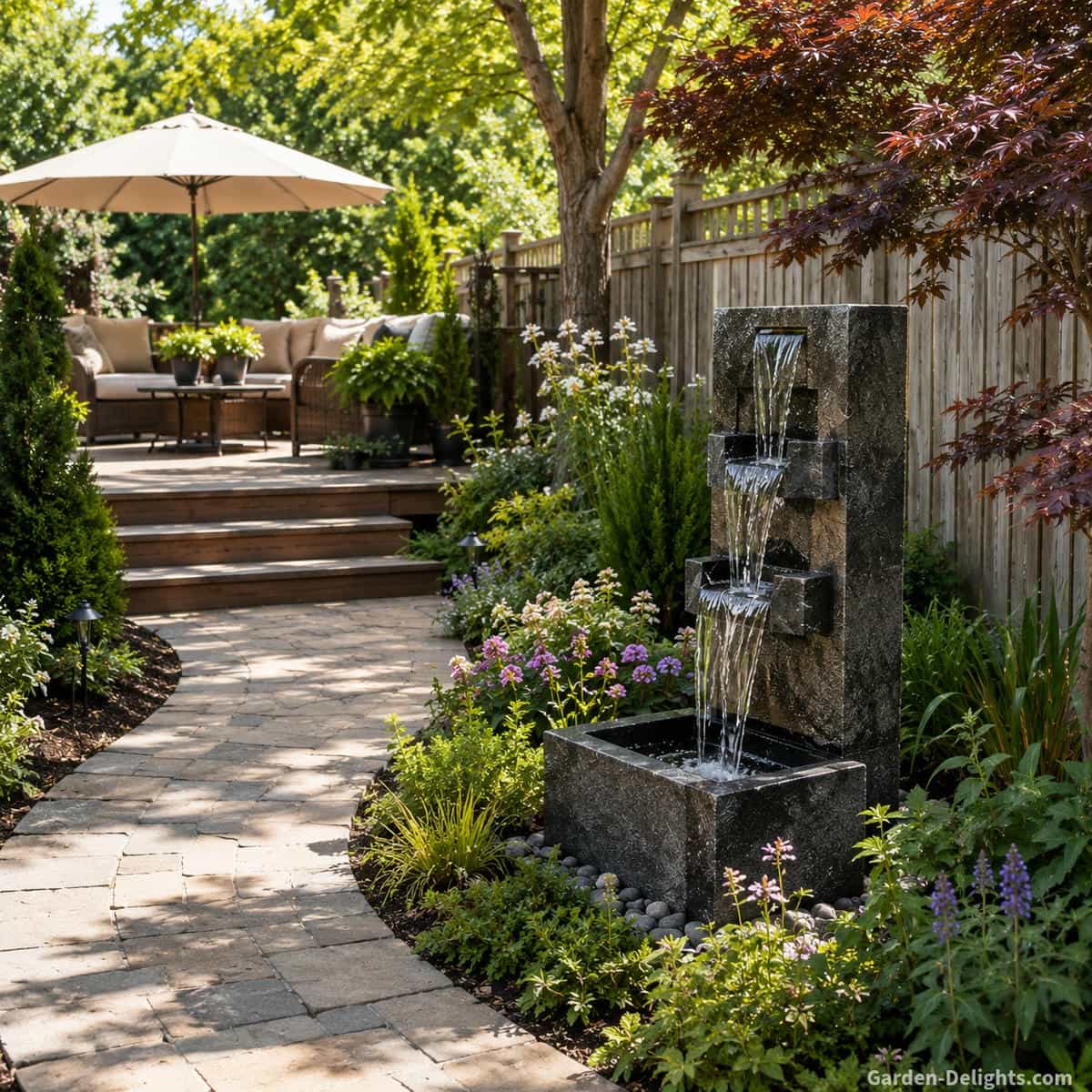 Best water fountains by location showing a modern stacked waterfall fountain beside a curved garden walkway, raised patio deck, outdoor seating, flowering landscape beds and sunny backyard design for patios, gardens, decks and relaxing outdoor living.