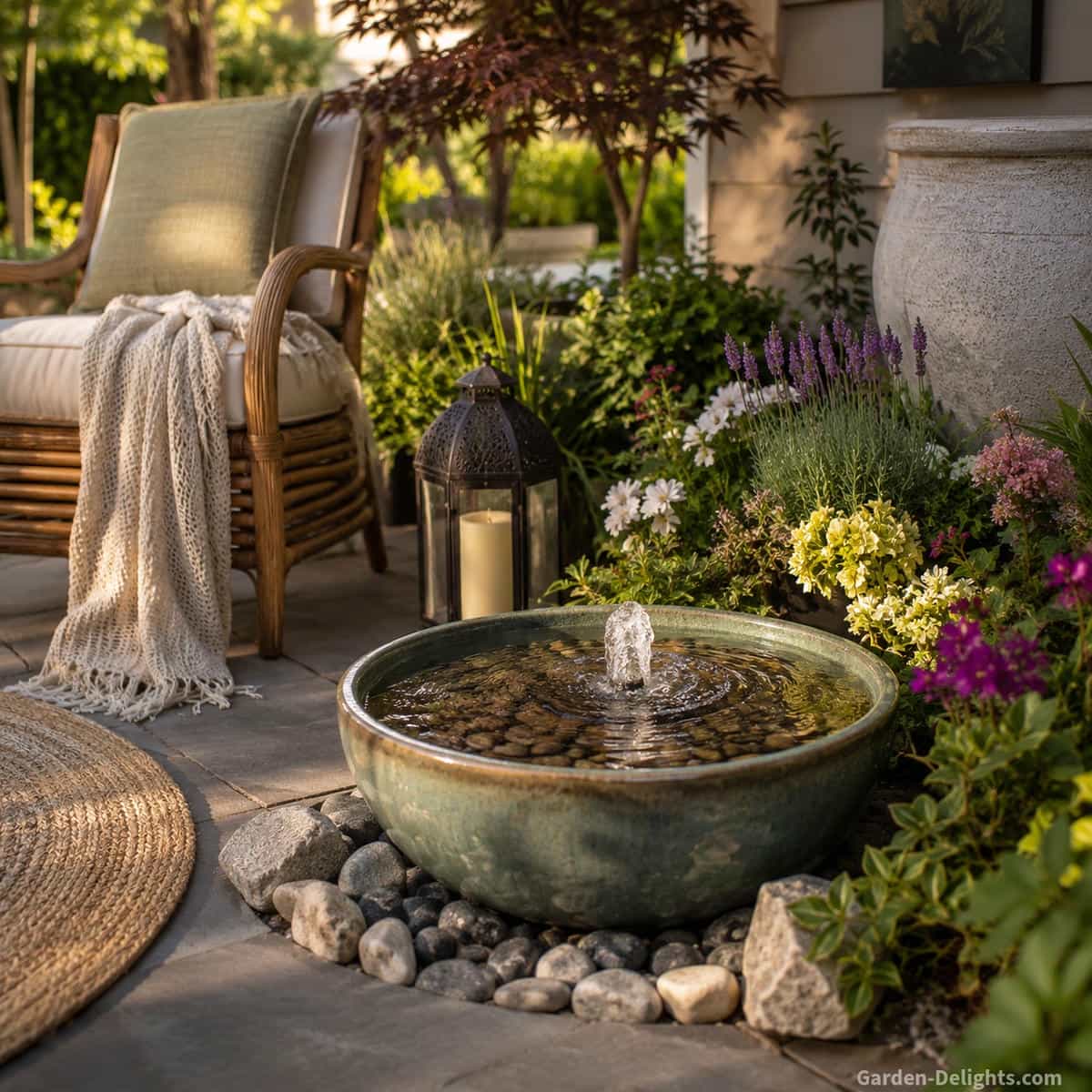 Small ceramic bowl water fountain beside a cozy patio chair, flowering garden plants, soft stone edging, warm outdoor light and gentle bubbling water showing a peaceful backyard fountain purpose for relaxation, reading, conversation comfort and everyday outdoor living
