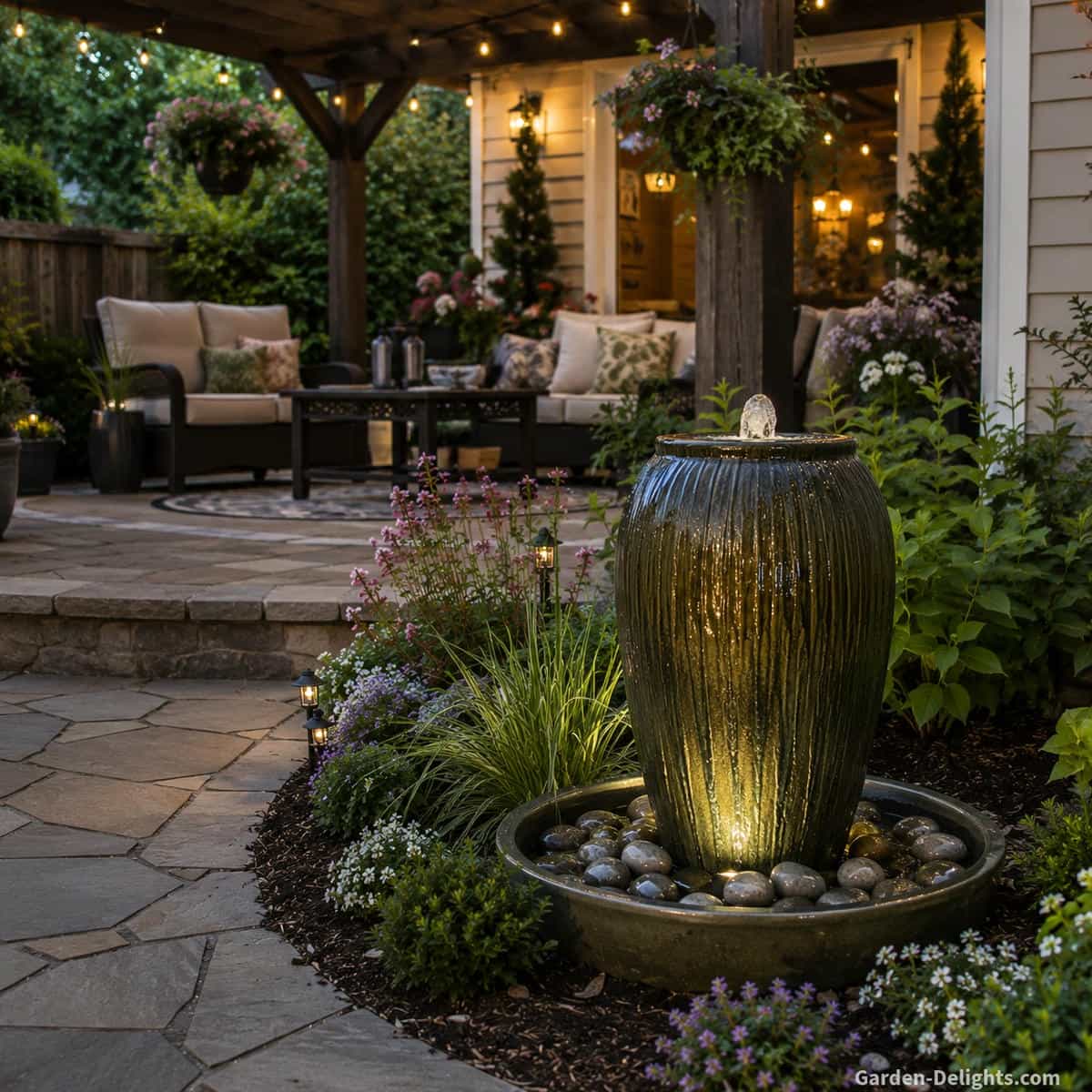 Modern glazed ceramic urn water fountain beside a pergola patio with comfortable outdoor furniture, flowering garden beds, landscape lighting, natural stone patio, peaceful bubbling water and elegant backyard decorating ideas for relaxation, conversation areas and outdoor living.